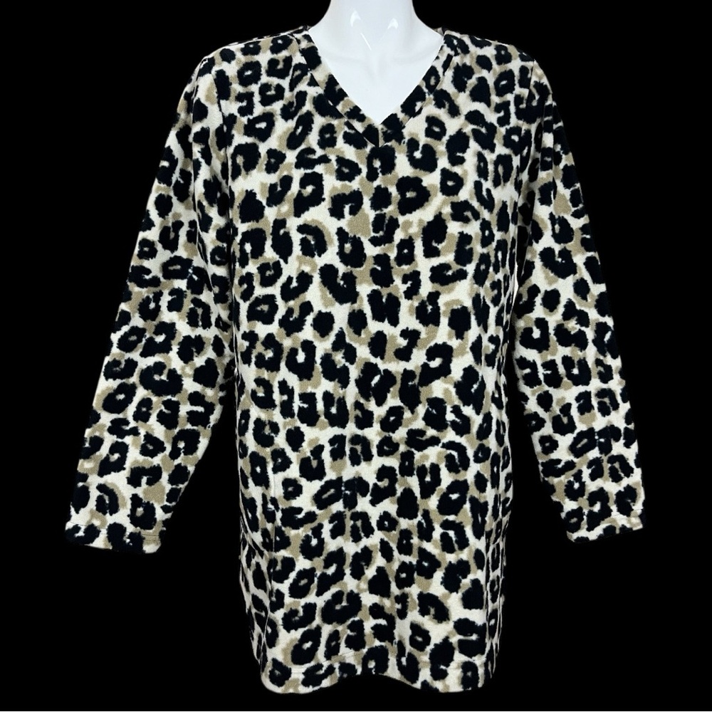 Denim&Company Leopard Print V Neck Fleece Polyester Pullover Size Large